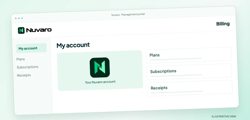 Billing illustration: plans, subscriptions, and receipts, with no financial data.
