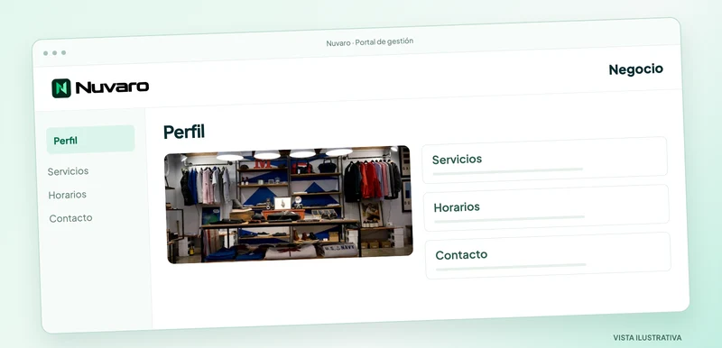 Ilustración del Portal de Negocios: perfil, servicios, horarios y contacto.