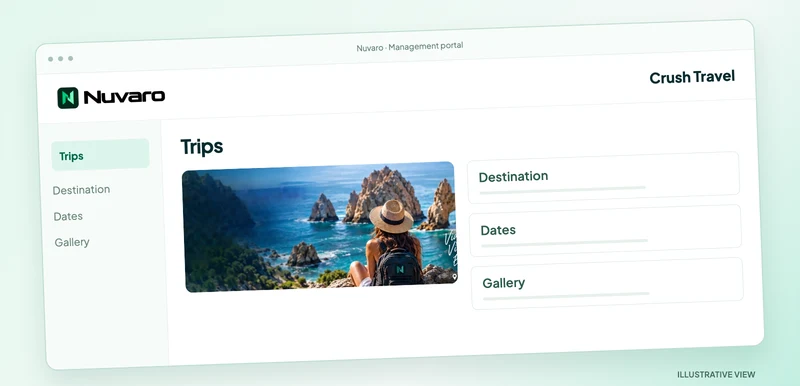 Crush Travel Portal illustration: destination, dates, and gallery.
