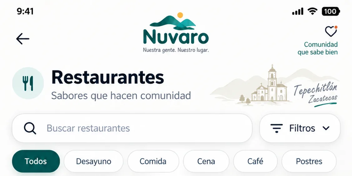 Maqueta aprobada de Nuvaro: cabecera de Restaurantes con búsqueda y filtros de categorías.